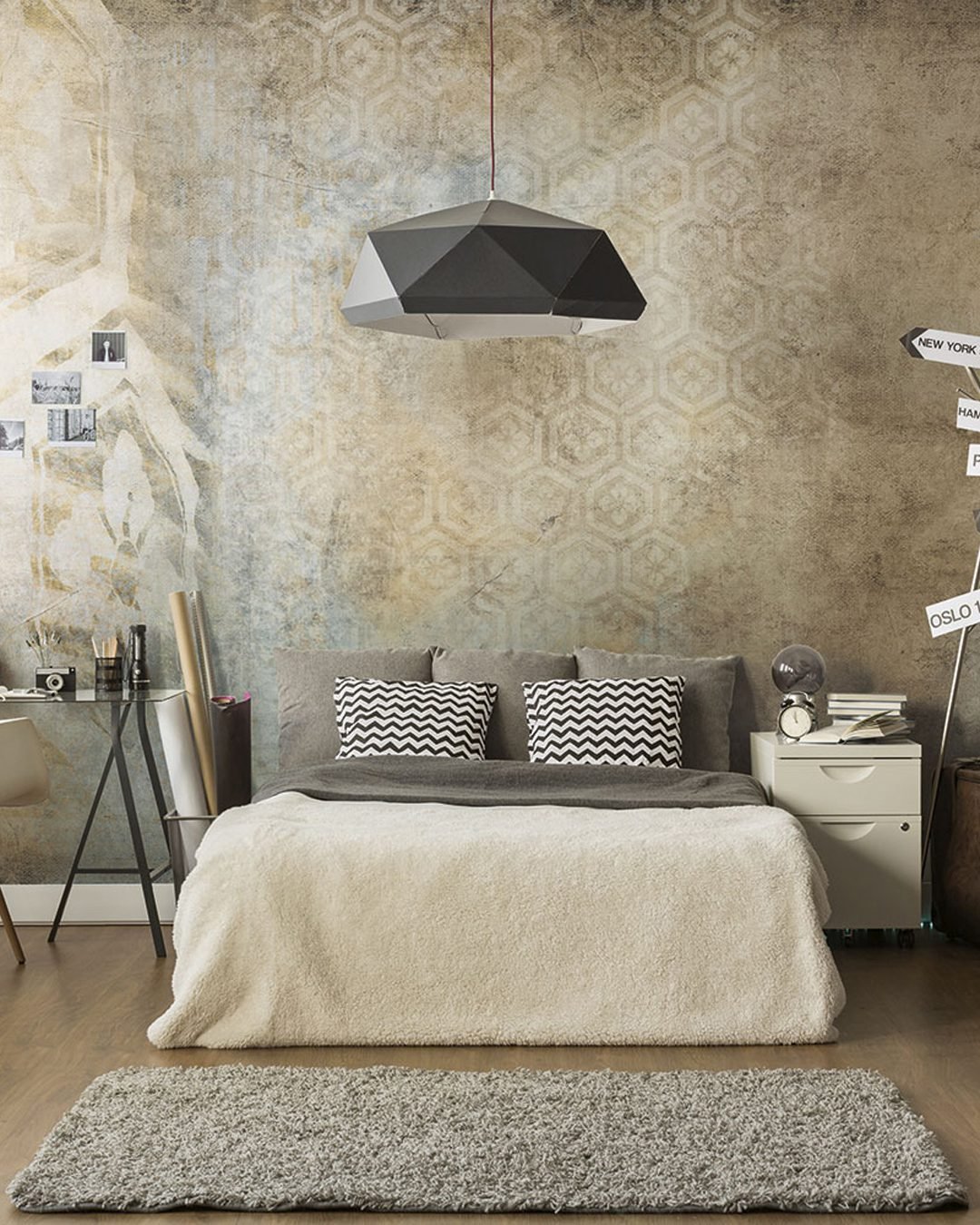 White and gray cozy bedroom Carta Da Parati Tokyo lamp - Inkiostro Bianco - Image 1